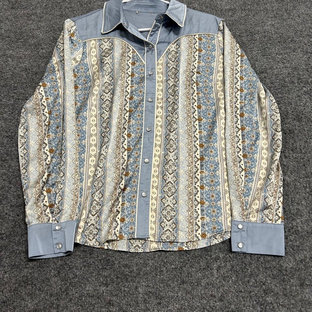 Unknown Western Shirt Womens Size M Blue Paisley Stripe Pearl Snap Boho Stretch